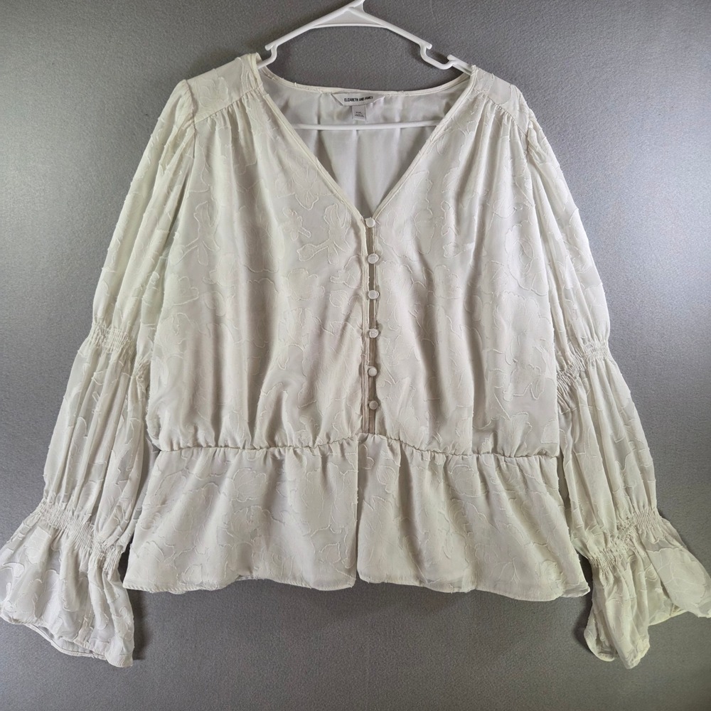 Elizabeth and James Cream Floral Jacquard Peplum Blouse XXL Bell Sleeve Poetcore